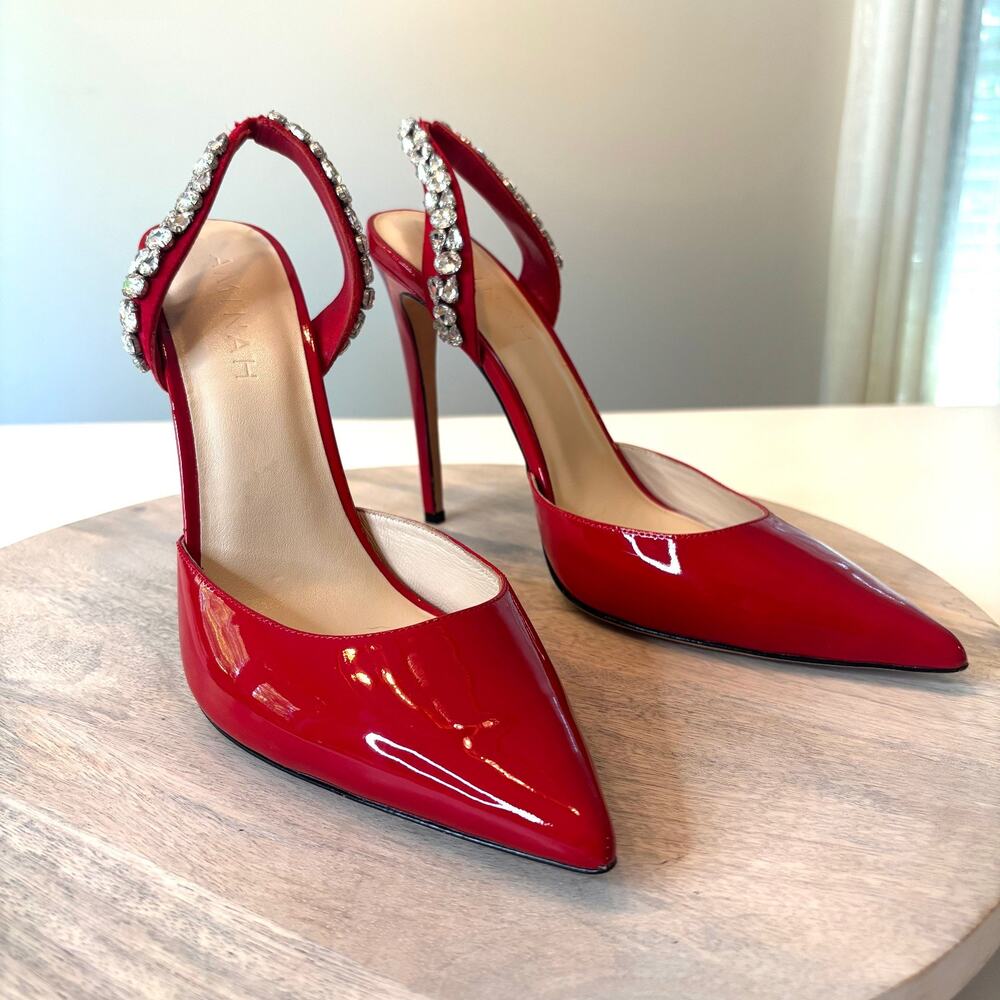 Aminah Abdul Jillil Soleil Red Patent Crystal Slingback Pumps Heels Size 11 11M